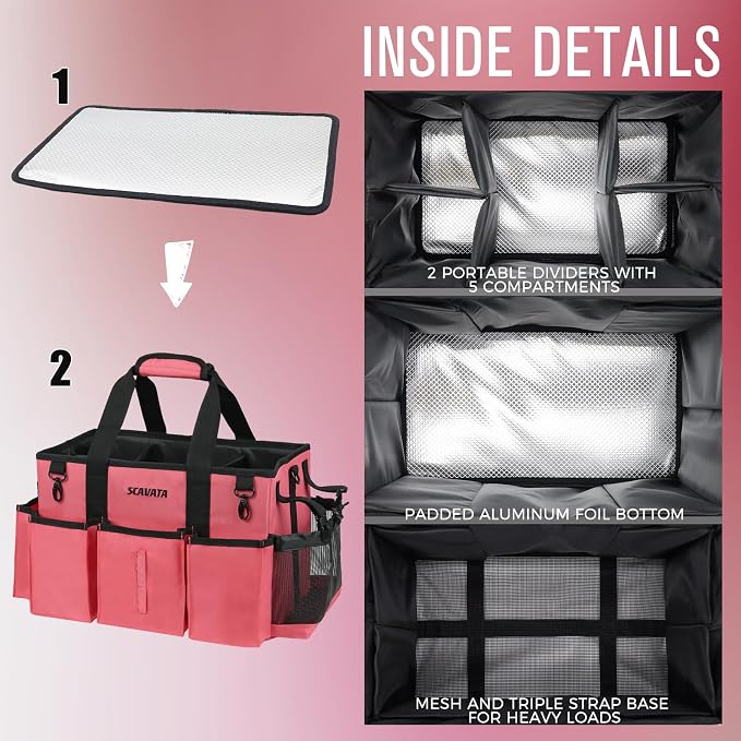 SCAVATA Wearable Cleaning Caddy Bag, Cleaning Caddy Supplies Organizer with Handle & Shoulder Straps for Housekeepers, Under Sink & Car Cleaning Tool Organizers with 4 Foldable Divider (RoseRed)