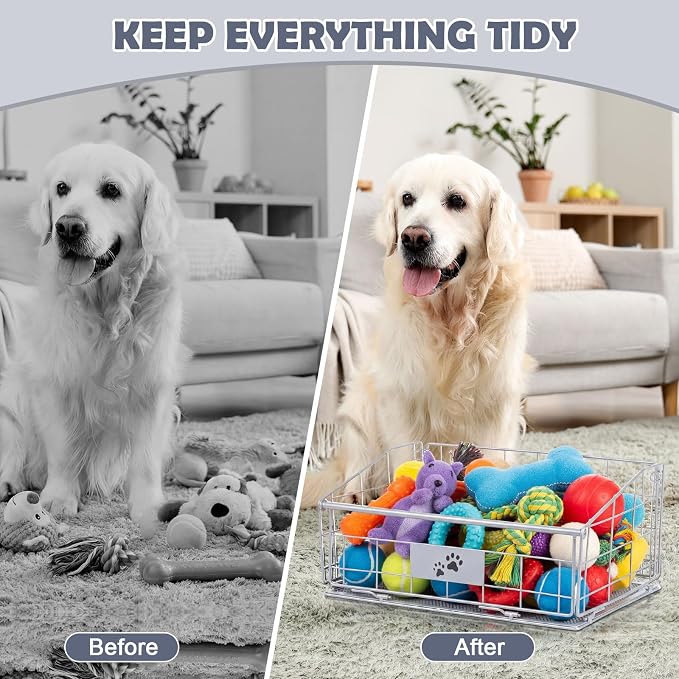 3 Pack Metal Dog Toy Baskets Multi-sized Foldable Dog Toy Bins Box Storage Container Organizer for Living Room Area Decorative Pet Accessories Coat Clothing Storage Holder Baskets(Silver)