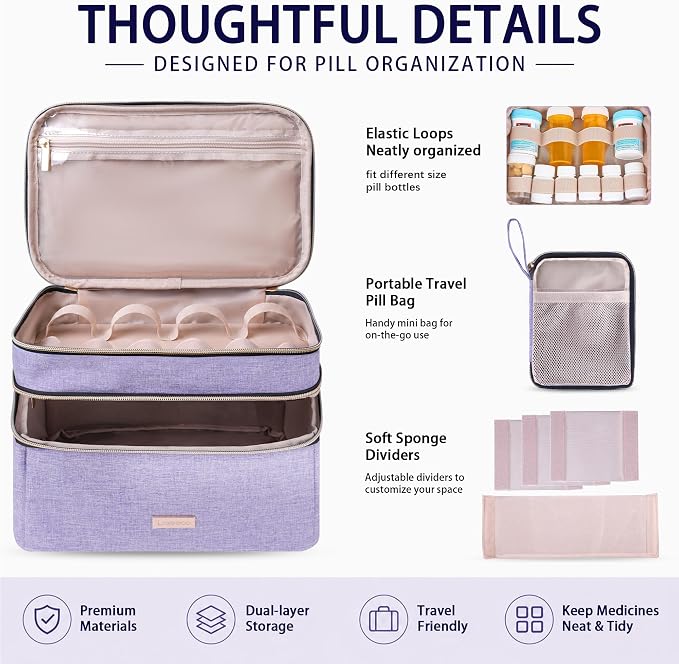 Lexeeco Travel Medicine Pill Bottle Organizer Bag with Portable Small Pouch | Medication Case with Lockable Zipper for Pill,Vitamin,Medicine Storage Box for College Dorm Student,Home,First Aid Bag Empty