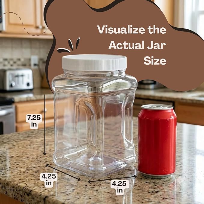Clear Food Grade PET Plastic Square Grip Storage Jar w/Cap | 64 Fluid Ounces 7-8 Cup Storage Capacity | BPA Free USA Made | by Pride Of India