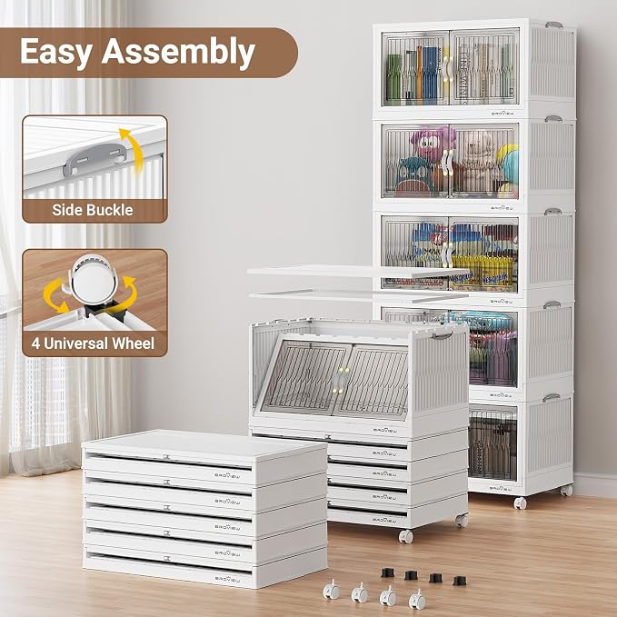 BROVIEW 480Qt Stackable Storage Bins with Lid for Home Dorm, 4Pack White | Closet Organizers, Foldable & Collapsible Cabinets, Large Containers, Wheels & Magnetic Doors, Plastic Drawers for School