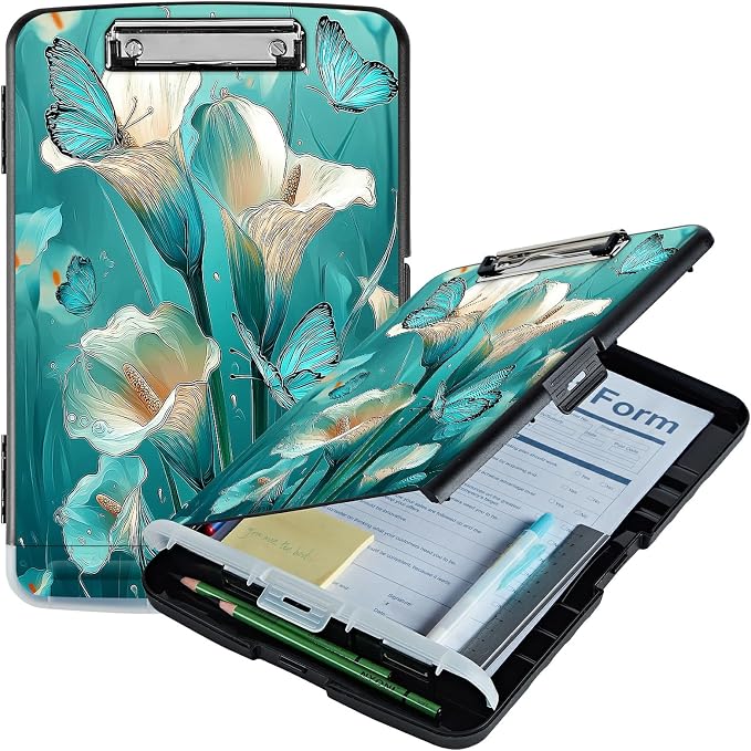 A4 Clipboard with Storage Pen Holder, Clipboards Organizer Nursing Clipboard Foldable File Folder Plastic Clipboard Folio Clip Board for Office Work Classroom Doctor, Blue Lily