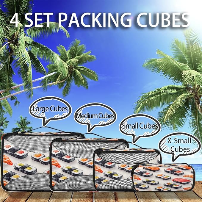 Colorful Sushi 4 Set Travel Packing Cubes for Accessories, Suitcase Organizers Luggage Bags Set with Double Zippers & Mesh Top