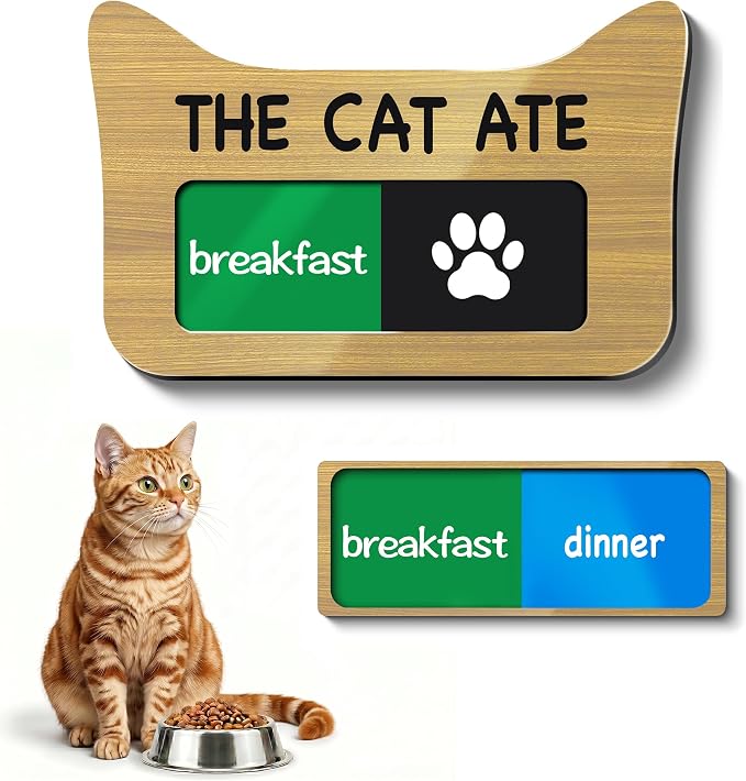 Cat Feeding Reminder Sign, Magnetic Pet Fed Schedule Chart with Slider, Breakfast & Dinner Tracker for Fridge, Prevent Overfeeding, Unique Cat Ear Shape Acrylic Sign, 4.7" x 3", Wood