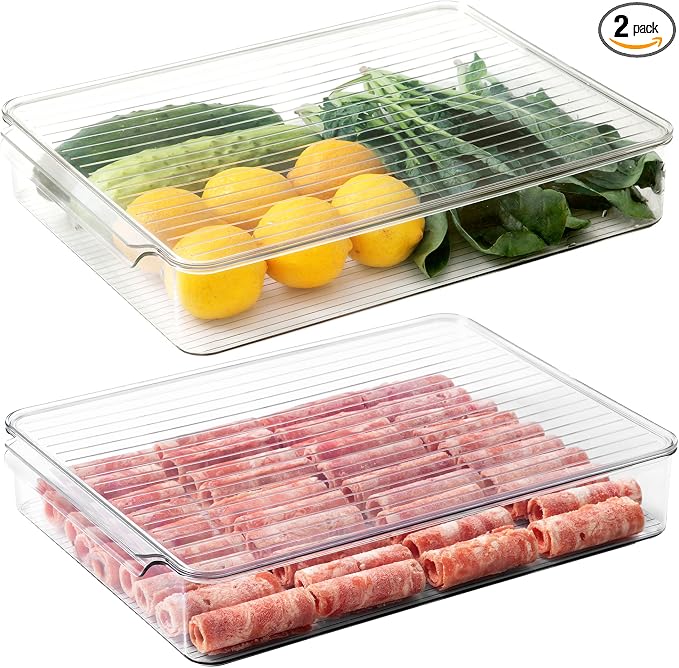 vacane 2 Pack Deli Meat Container for Fridge, Bacon Container with Lids for Refrigerator Fruit, Cold Cuts, Cheese Keeper Marinade Tray, Stackable Freezer Storage Containers