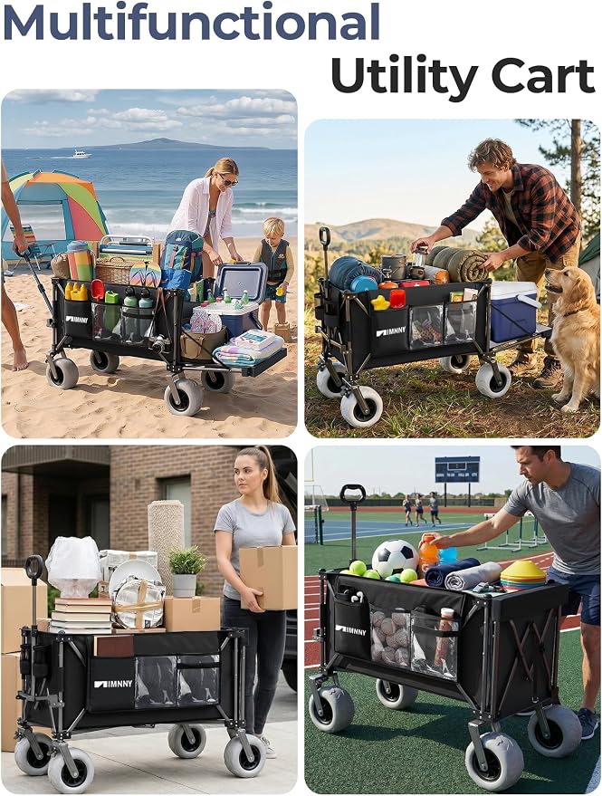 Heavy Duty Beach Wagon with 58" Expandable Tailgate, 300L, for Sand | 500 lbs Capacity, 9"x4" All-Terrain PU Wheels with Brakes, Quick Fold Utility Wagon for Camping, Sports & Grocery