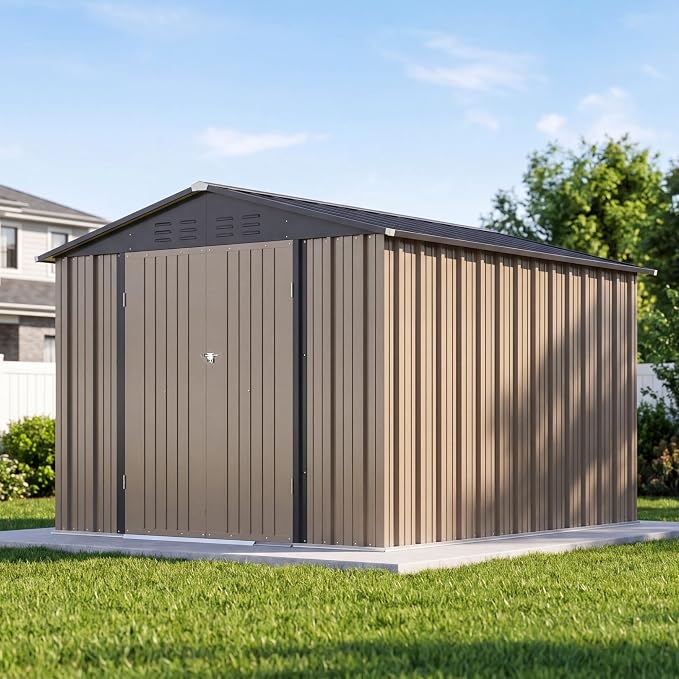 Devoko 8x10 FT Outdoor Storage Shed, Metal Tool Shed with Lockable Door&Slooping Roof, Outside Storage for Garden Backyard Patio(Brown)