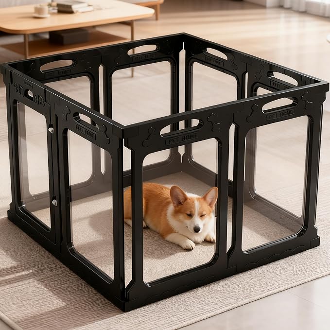 Clear Acrylic Indoor Dog Playpen, 30" H, 2 Panels, Black | Open View, Modern Home Fit, No Climbing Bars, Tool-Free Setup, For Puppies & Small Dogs