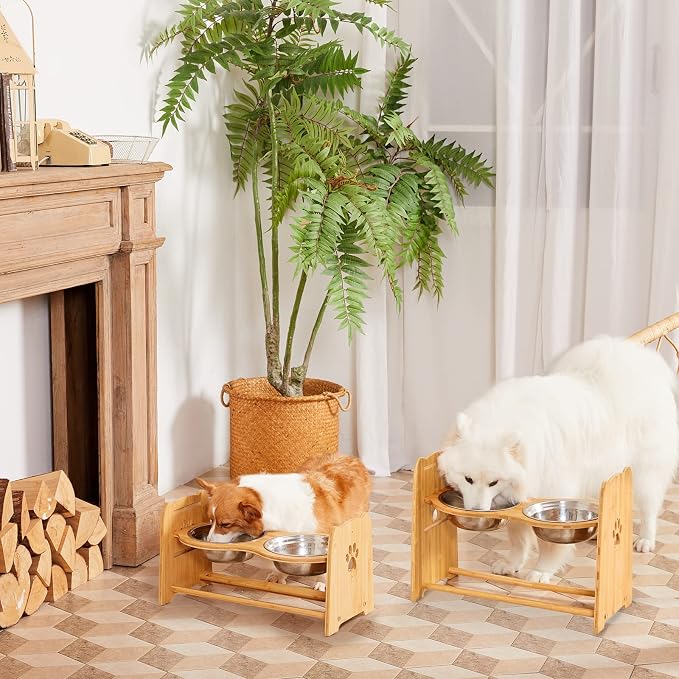 X-ZONE PET Elevated Dog Bowls for Cats and Dogs, Adjustable Bamboo Raised Dog Bowls for Large Dog, Food and Water Stand Feeder with 2 Stainless Steel Bowls Anti Slip Feet (Height 5.1" to 7.5" to 10")…