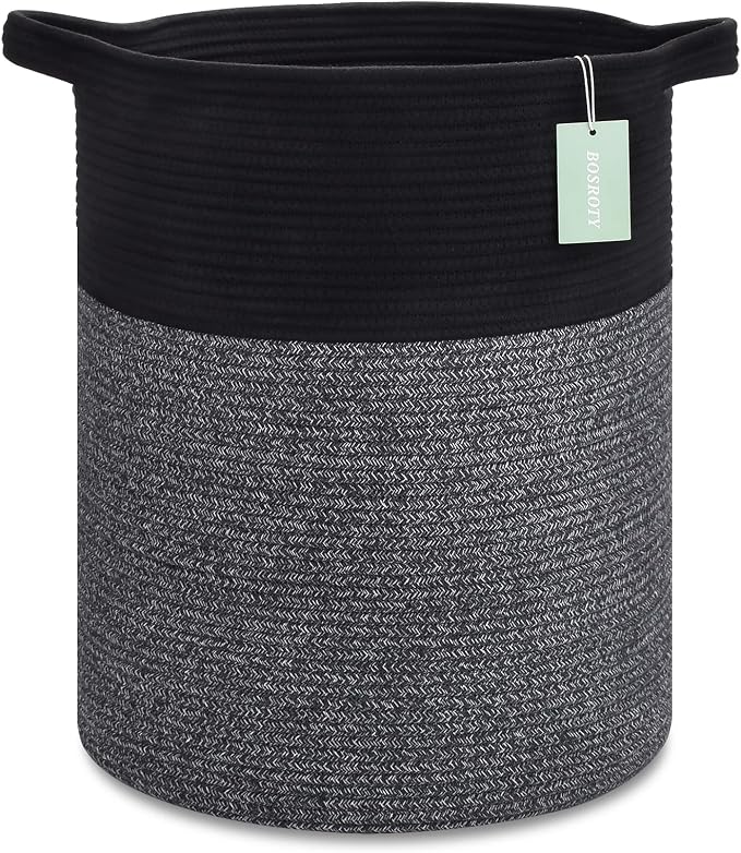 Cotton Rope Blanket Basket, 72L Tall Laundry Hamper, Black & Gray