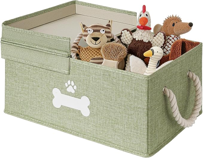 Dog Toy Basket with Double-Open Lid, Divided Dogs Basket for Toys, Collapsible Pet Toy Box, Dog Storage Organizer with 2 Divided Area, Puppy Toys Baskets with Rope Handles, Green