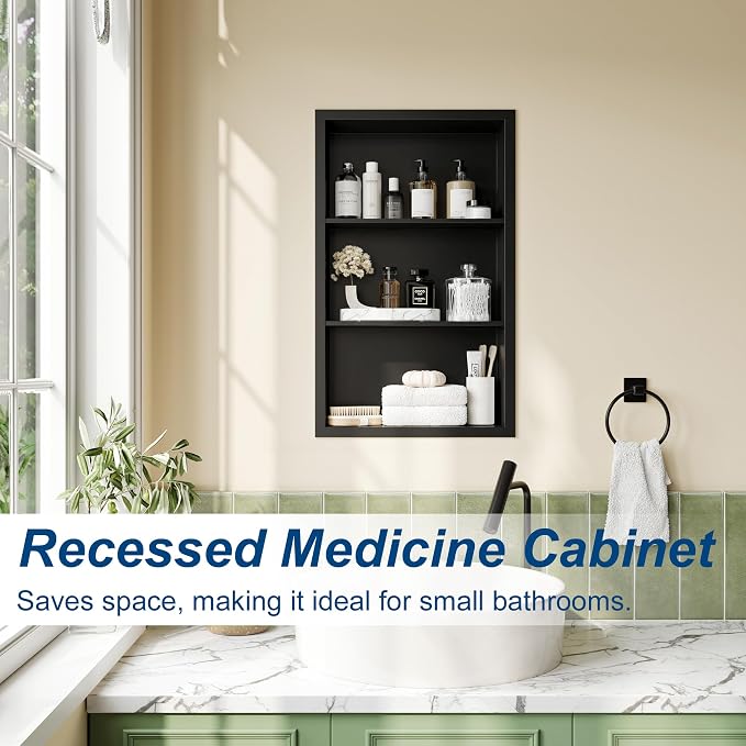 Qeke 14x 24 Medicine Cabinet Recessed with 3-Tiers Shelves, Matte Black | 304 Stainless Steel Medicine Cabinet without Mirror, No Tile Needed Wall Niche for Bathroom Storage, Space Saving & Durable