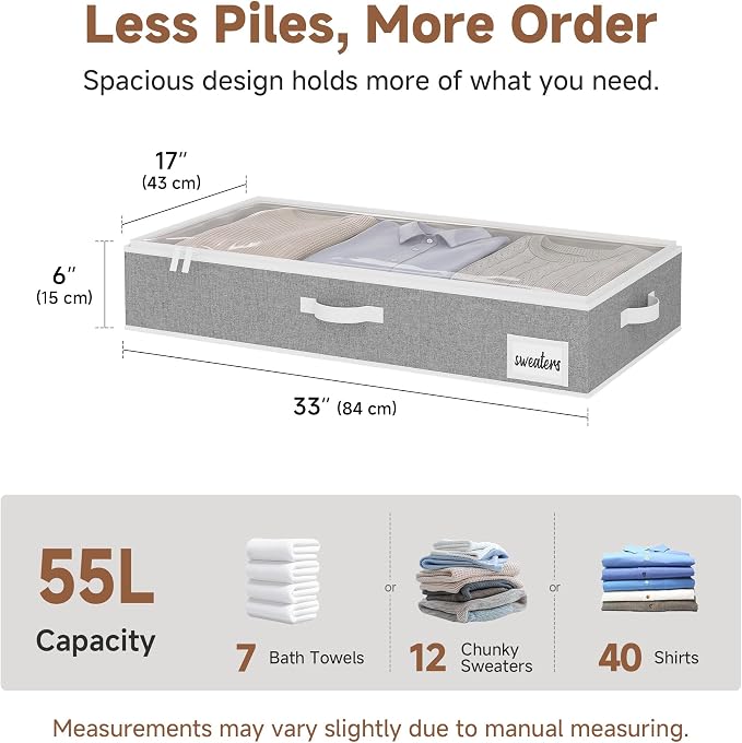 StorageWorks 6 Inch Low Profile Under Bed Storage Containers with Clear Lid | Reinforced Structure, Resists Sagging, Handles & Label Holder, Foldable Stackable Closet Storage for Clothes, Blankets, Toys