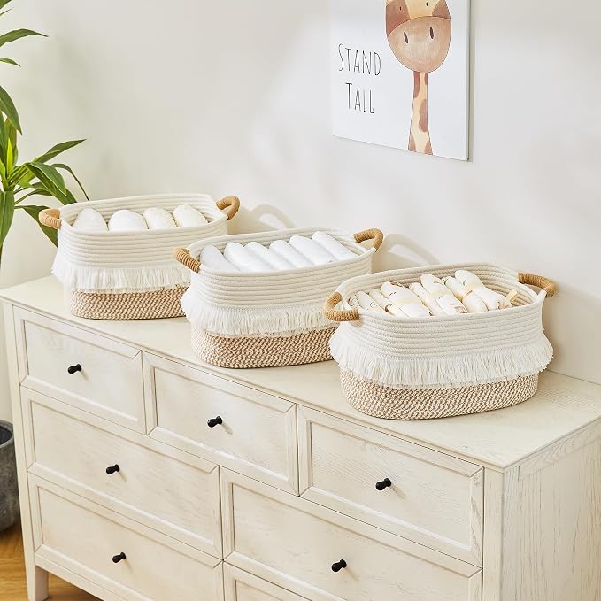 Storage Basket, Woven Baskets for Shelves, White/Brown | 3 Pack Boho Cotton Rope Storage Baskets, 14" x 9" x 8", Home Organizer for Nursery, Holds Toys, Books & Towels