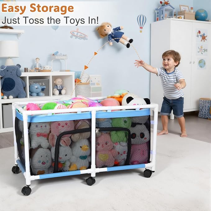 FIOBEE Toy Box for Girls Boys with See-Through Mesh & 360° Rotating Wheels | Kids Toy Chest Organizer, Stable Structure & Easy Install, Extra Large Storage Bin for Clothes, Ball, Pet Toys, Swimming Ring