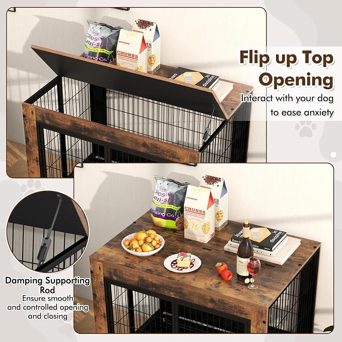 Giantex Dog Crate Furniture with Wheels, 38” Modern Dog Cage with 3 Doors, Flip Top Lid, Removable Pull-Out Tray, Decorative Dog Kennel Indoor Pet House End Table for Medium & Large Dogs (Brown)