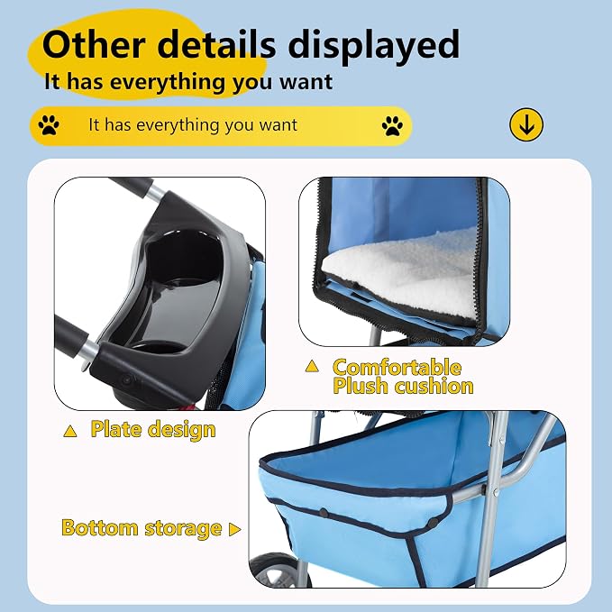 FDW Pet Stroller 4-Wheel Dog Cat Stroller Travel Folding Carrier Puppy Stroller with Cup Holder and Removable Liner for Small Medium Dogs Cats, Blue