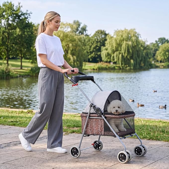 BestPet Foldable Pet Stroller for Small/Medium Dogs and Cats Up to 33 lbs | 4-Wheel Stroller Pet Strolling Cart w/ Breathable Mesh, Lockable Rear Wheels, Cup Holder/Tray & Storage Box, Leopard Skin