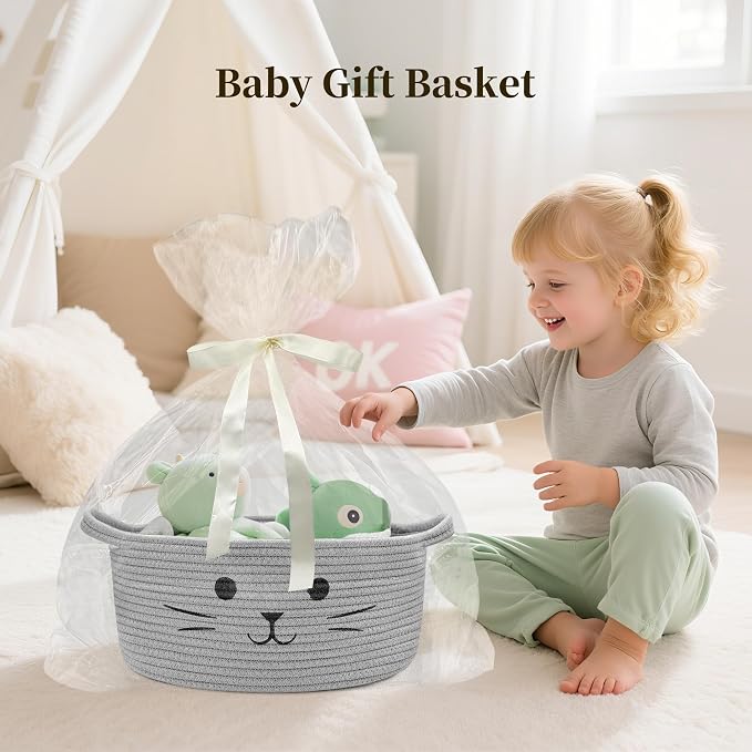 Large Cat Toy Basket, Gift Baskets Empty for Baby Shower,13" x 6" | Boo basket Cute Woven Rope Storage Basket for Home Decor, Baby Baskets for Nursery, Cat Pet toy box, Grey