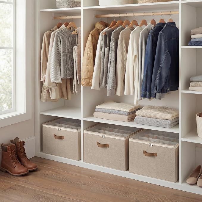 StorageWorks 2-Pack 32-Pair Shoe Storage Organizer for Closet, Taupe | Adjustable Dividers, Holds up to 16 Pairs Each, Foldable, Clear Lid, Soft Handles, Fits Flats, Boots & Heels, For Entryway