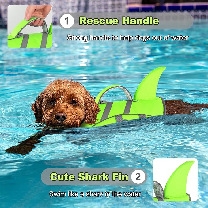 Dogcheer Shark Dog Life Jacket, High Flotation Dog Life Vest - Green,S | Adjustable Puppy Harness Swim Vest for Small Medium Large Dogs, Lifejackets with Handle for Swimming, Boating, Lake & Pool