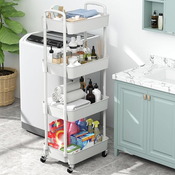Sywhitta 4-Tier Plastic Rolling Utility Cart with Handle, Multi-Functional Storage Trolley for Office, Living Room, Kitchen, Movable Storage Organizer with Wheels, White (Pack of 2)