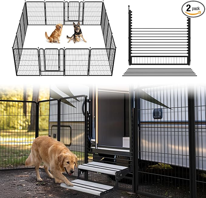 FXW Rollick Dog Playpen with RV Step Grid, 40" H, 16 Panels | Heavy-Duty & Easy setup Play Area, Helps Close Stair Gaps, Fits 32" RV Step Opening, For Medium & Large Dogs, Patented