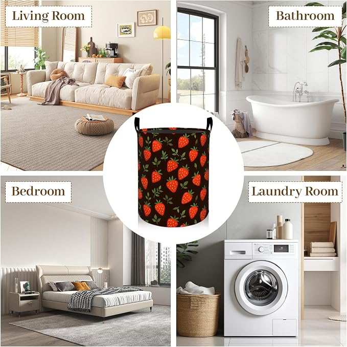 Strawberry Laundry Basket, Berry Leaf Foldable Oxford Cloth, Waterproof Dirty Clothes Hamper with Handles, Clothing Storage Bin Toy Organizer for Bedroom Dorm Bathroom, 19.7"x15.7"