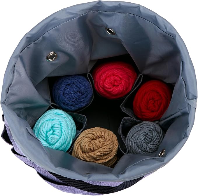 HOMEST Crochet Bag Organizer for Yarn Storage, and Knitting Accessories | Customized front compartment, 6 oversized grommets and drawstring closure for hooks, needles and projects, Purple