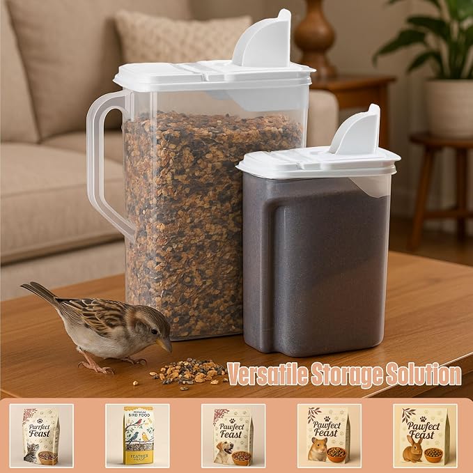 Buddeez Pet Food Storage Containers - 2 Count Bird Seed Dispenser with Pour Tight Lids and Easy Pour Spouts, 8 Qt and 3.5 Qt, Bird Seed Storage for Small and Large Feed, BPA Free