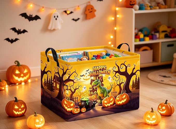 Rectangular Halloween Basket for Boys and Girls Kids Trick or Treat Pumpkin Basket for Halloween Parties Cute Storage Bin Organizer Box Room Decor(Halloween Dinosaur)