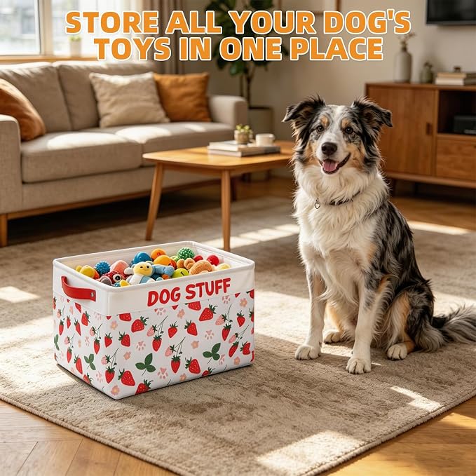 Dog Toy Basket, Collapsible Dog Toy Bin Box with Drawstring Cinch Top &Handles, Pet Food Storage Organizer for Dog Toys, Apparel, Blankets and Leashes, Pink Strawberry, L, 15.3"x13"x12"