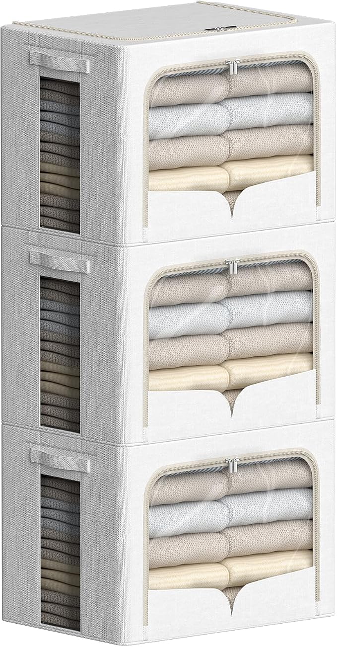 FHSQX 3 Pack Clothes Storage Bins - Foldable Metal Frame Storage Box - Stackable Linen Fabric Container Organizer Set with Carrying Handles and Clear Window (Cream White, 16.5x12.2x12.2inch(40L))