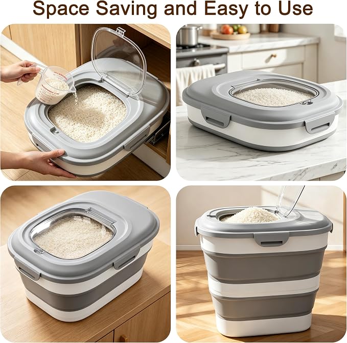 Rice Storage Container, 20 to 50Lbs Collapsible Airtight Rice Container, 30 Lbs Dog Food Storage Container with Wheels, Cup and Scoop, Food Dispenser Bin for Flour, Cereal, Flour, Cat, Bird, Pet