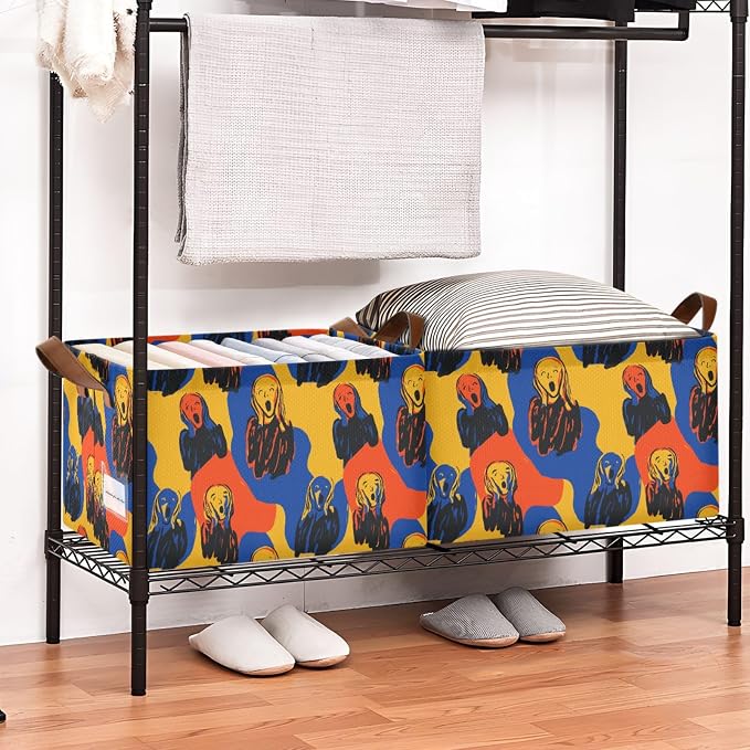 Oil Painting Art The Scream Storage Basket Foldable Cube Storage Bins with Handles&Label Waterproof Collapsible Organizer Box Bin Large Rectangle Decorative Baskets for Shelves Home Room Laundry
