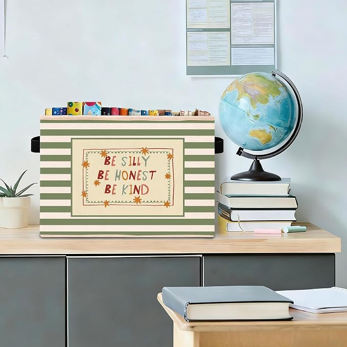 Kindness Storage Bin, Green Stripe Foldable Fabric Basket | Be Silly Be Honest Be Kind fabric organizer for nursery, bedroom, playroom, toys, books, and clothes