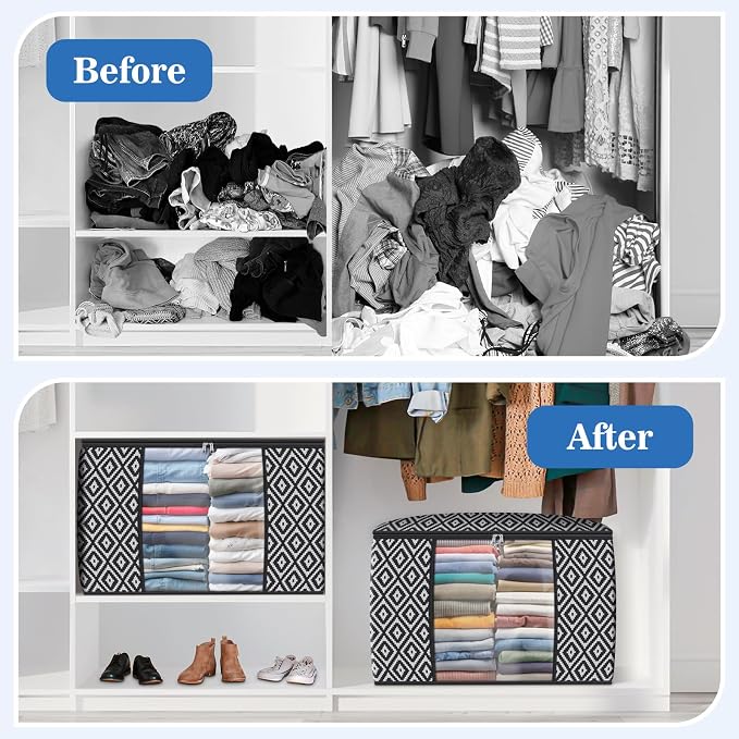 100L 6 Pack Storage Bags, Foldable Clothes Bins with Clear Window, Black | Blanket Storage Containers with Reinforced Handles for Bedding, Comforters, Clothing, Quilts and Closet Organization