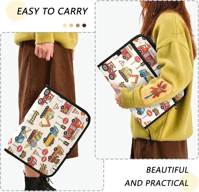 Colorful Construction Truck 13 Pocket File Organizer Expanding File Folder with Front Pouch Portable Business File Storage Document Organizer Folder with Zipper