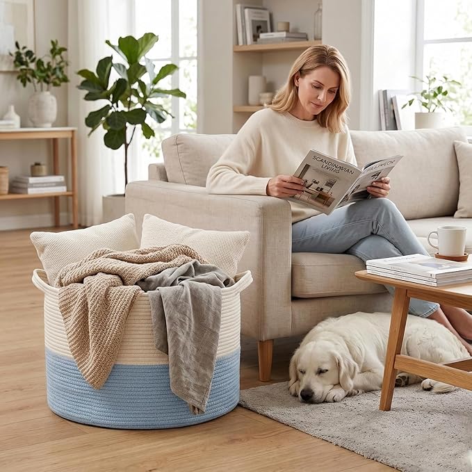 65L Extra Large Woven Blanket Basket, Laundry Basket-White&Blue | Collapsible, reinforced handles, nursery storage bin organizes clothes, toys and pillows for living room, bedroom bathroom