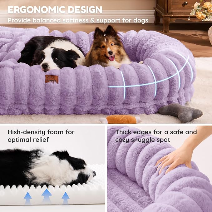 ChiXnuggle Orthopedic Human Dog Bed,Striped Faux Fur Washable Cover,Blanket | purple,72*40*10,giant dog bed for adult or extra large dogs,egg crate foam,non-slip bottom