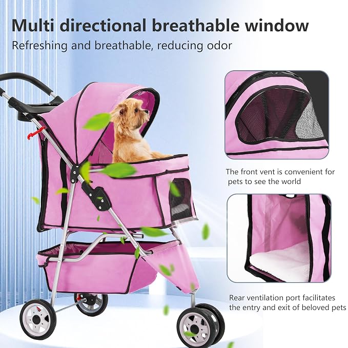 FDW Pet Stroller Foldable Dog Stroller 3-Wheel Durable Cat Jogger Stroller for Small and Medium Dogs Cats with Washable Liner Storage Basket Cup Holder,Pink