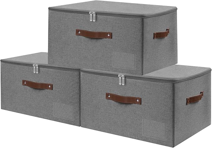 ANMINY Storage Box Fabric Bins with Zipper Lid, 17.7"x13.8"x10" Gray, 3PCS | Keepsake Box, Decorative, Cotton Linen, Reinforced PP Board Frame, Washable, Stackable & Foldable, Label Holder & PU Handles