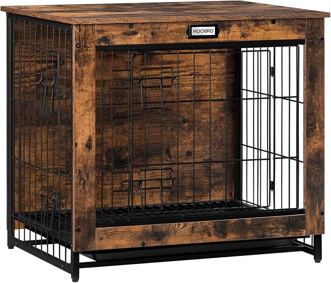 Dog Crate Furniture, 25.5" Small Dog Kennel Indoor, Wooden Cage with Pull-Out Tray, Double Doors Pet House Side End Table for Small/Medium Dogs, Rustic Brown BF642GW03G1