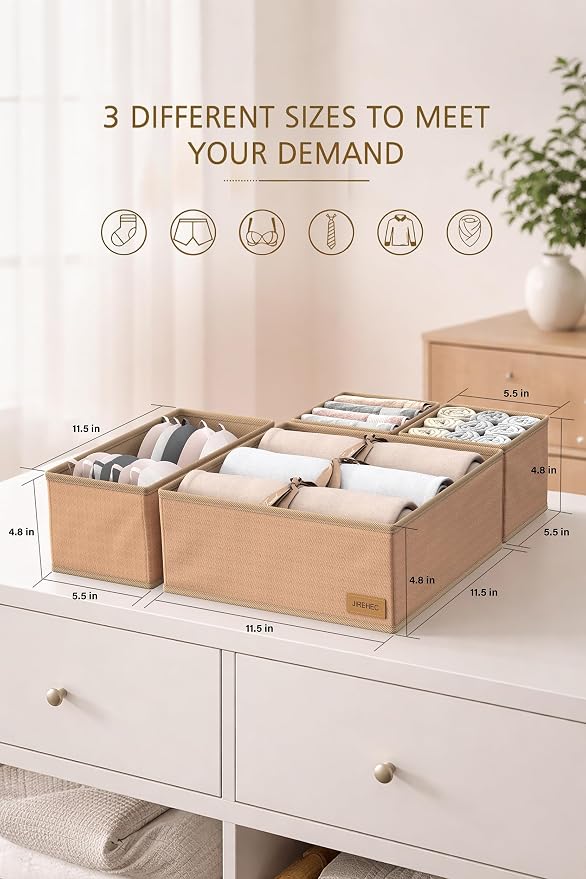 Dresser Drawer Organizer Clothes, 6 Pack Foldable Storage Boxes with Zipper, 600D Fabric, Cream, Drawer Dividers for Underwear, Socks, Baby Clothes
