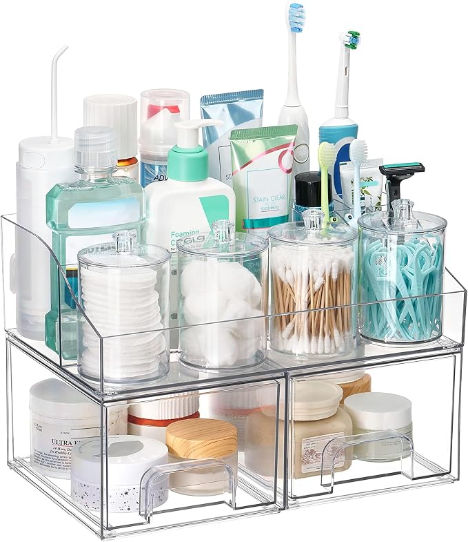 Vtopmart 7 PCS Bathroom Countertop Organizer | 1 Divided Tray, 4 Qtip Holder Jars, 2 Drawers, Clear, For Toothbrush, Cotton Pads, for bathroom countertop