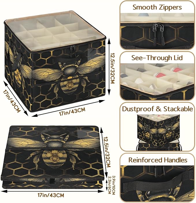 TropicalLife Wildlife Bee Shoe Organizer for Closet | Geometric Honeycomb Foldable Shoe Storage Organizer Box Bin with Adjustable Dividers and Clear Cover, Fits up to 16-32 Pairs