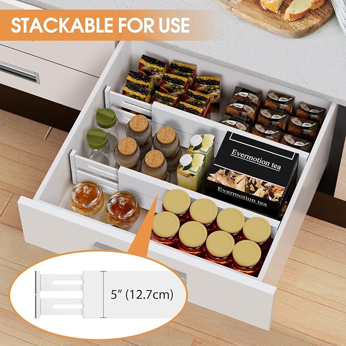 Bamboo Drawer Dividers, Adjustable Drawer Organizers, Fits 12.6–16" Drawers | 2.5" High, 4 Pack Expandable Drawer Separators for Kitchen, Nursery, Dressers & Office Storage, White