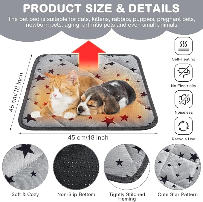 4 Pack Self Warming Cat Bed Self Heating Cat Mat Star Pattern Soft Dog Crate Pad Thermal Pet Mat Anti Slip Kennel Dog Washable Warming Bed for Outdoor Indoor(18 x 18 Inch,Gray)