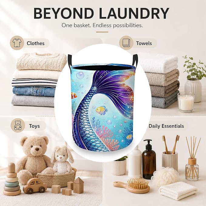 Laundry Hamper, Mermaid Tail Collapsible Ocean Coral Laundry Baskets Waterproof Oxford Cloth With Handles, Clothes Storage Bucket For Bathroom/Bedroom 16" x 20.8"