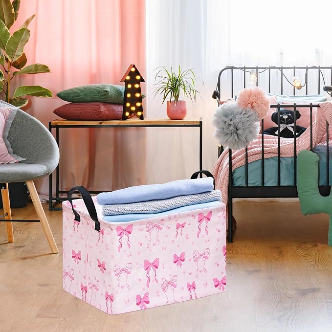 Gift Toy Storage Basket for Girls, Storage Organizer for Nursery Hamper Home Bedroom Laundry Hamper Shelf Baskets Pink Bowknot Pattern